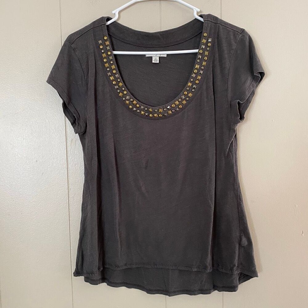 American Eagle Embellished Scoop Neck Tee Gray Beaded Studded Top Women’s Small